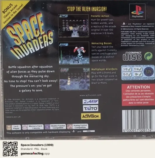 Space Invaders (1999) PlayStation, PAL box back