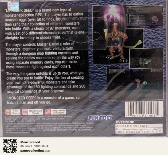 Monsterseed PlayStation, NTSC box back
