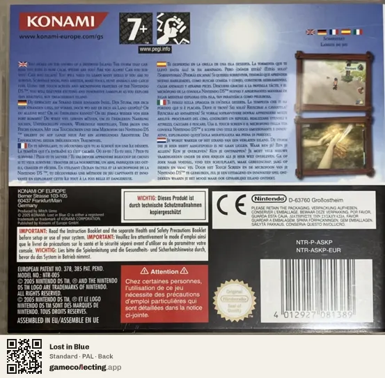 Lost in Blue Nintendo DS, PAL box back