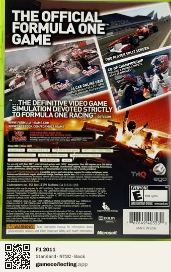 F1 2011 Xbox 360, NTSC box back