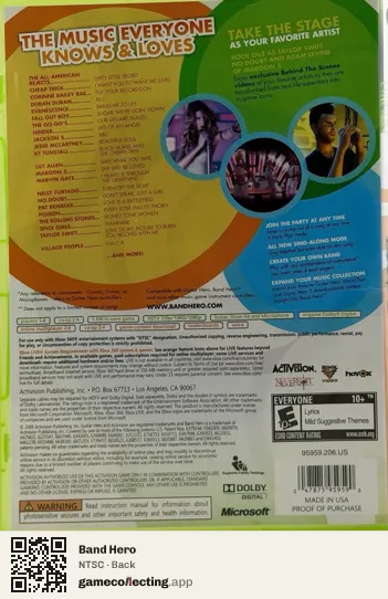 Band Hero Xbox 360, NTSC box back