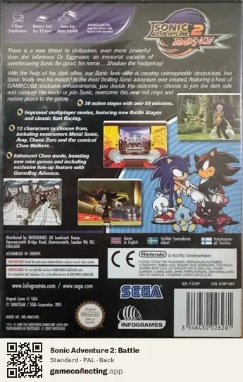 Sonic Adventure 2: Battle Nintendo GameCube, PAL box back