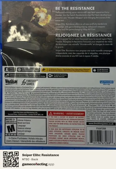 Sniper Elite: Resistance PlayStation 5, NTSC box back