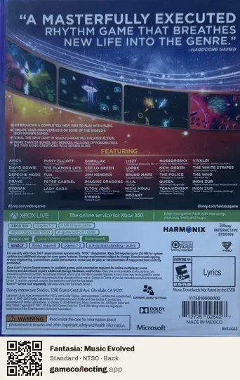 Fantasia: Music Evolved Xbox 360, NTSC box back