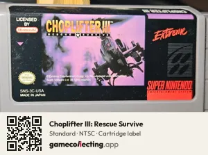 Choplifter III: Rescue Survive Super Nintendo Entertainment System, NTSC cartridge label