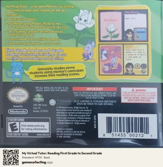 My Virtual Tutor: Reading First Grade to Second Grade Nintendo DS, NTSC box back