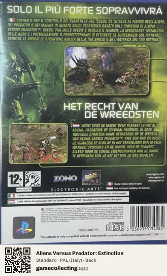 Aliens Versus Predator: Extinction PlayStation 2, Italy box back