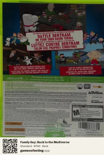 Family Guy: Back to the Multiverse Xbox 360, NTSC box back