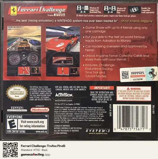 Ferrari Challenge: Trofeo Pirelli Nintendo DS, NTSC box back