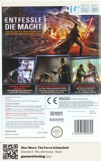 Star Wars: The Force Unleashed Nintendo Wii, Germany box back