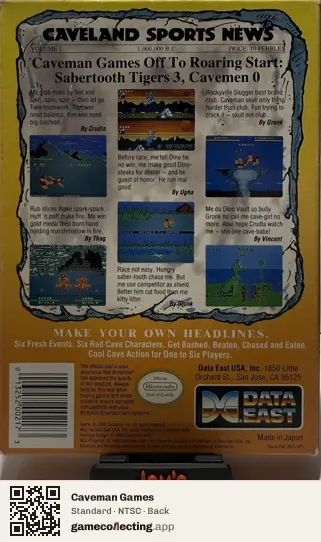 Caveman Games Nintendo Entertainment System, NTSC box back