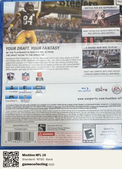 Madden NFL 16 PlayStation 4, NTSC box back