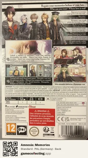 Amnesia: Memories Nintendo Switch, Germany box back