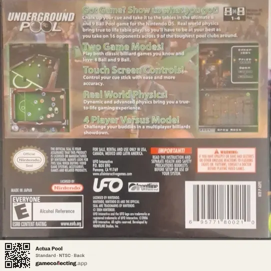 Actua Pool Nintendo DS, NTSC box back