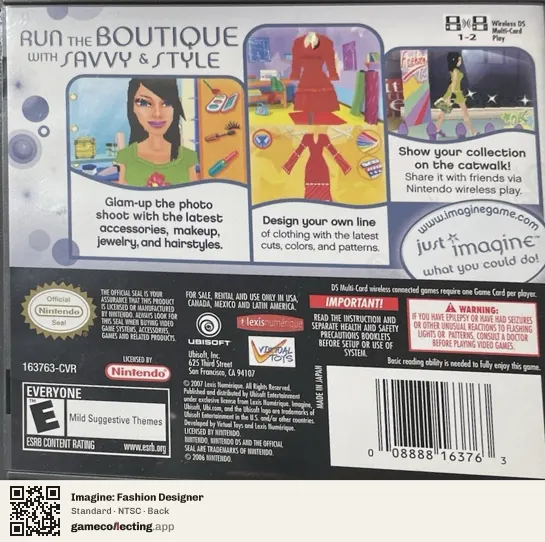 Imagine: Fashion Designer Nintendo DS, NTSC box back
