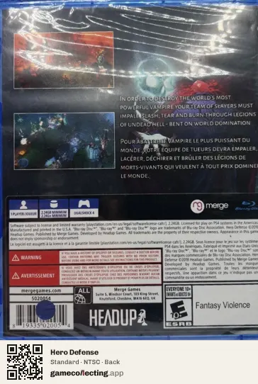 Hero Defense PlayStation 4, NTSC box back