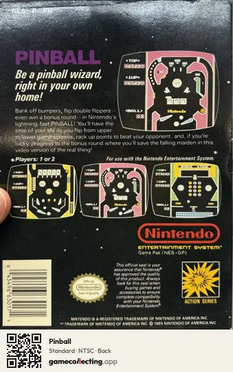 Pinball Nintendo Entertainment System, NTSC box back