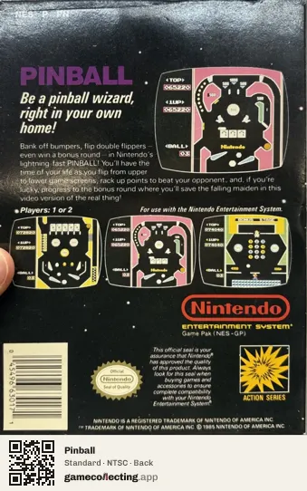 Pinball Nintendo Entertainment System, NTSC box back