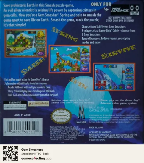 Gem Smashers Game Boy Advance, NTSC box back