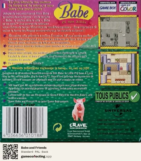 Babe and Friends Game Boy Color, PAL box back