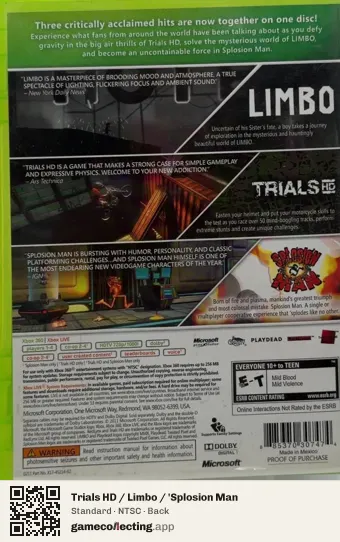 Trials HD / Limbo / 'Splosion Man Xbox 360, NTSC box back