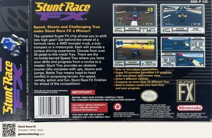 Stunt Race FX Super Nintendo Entertainment System, NTSC box back