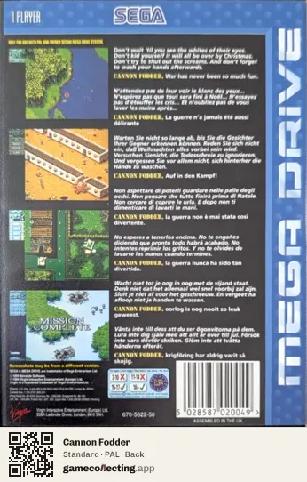 Cannon Fodder Sega Mega Drive / Genesis, PAL box back