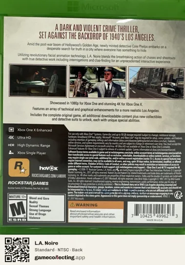 L.A. Noire Xbox One, NTSC box back