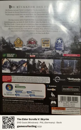 The Elder Scrolls V: Skyrim Computer, Germany box back