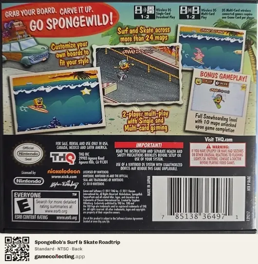SpongeBob's Surf & Skate Roadtrip Nintendo DS, NTSC box back