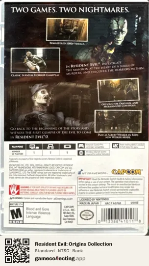 Resident Evil: Origins Collection Nintendo Switch, NTSC box back