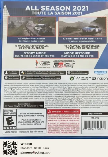WRC 10 PlayStation 5, NTSC box back