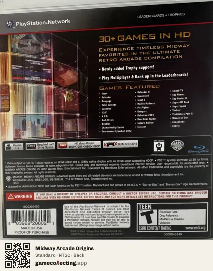 Midway Arcade Origins PlayStation 3, NTSC box back