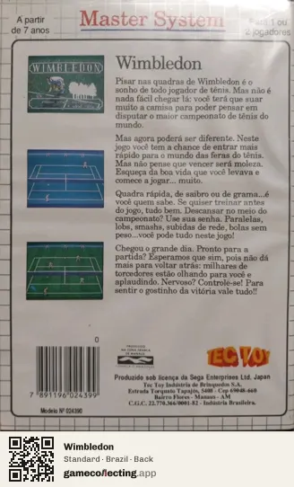 Wimbledon Sega Master System, Brazil box back