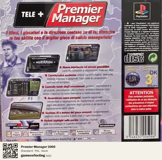 Premier Manager 2000 PlayStation, PAL box back