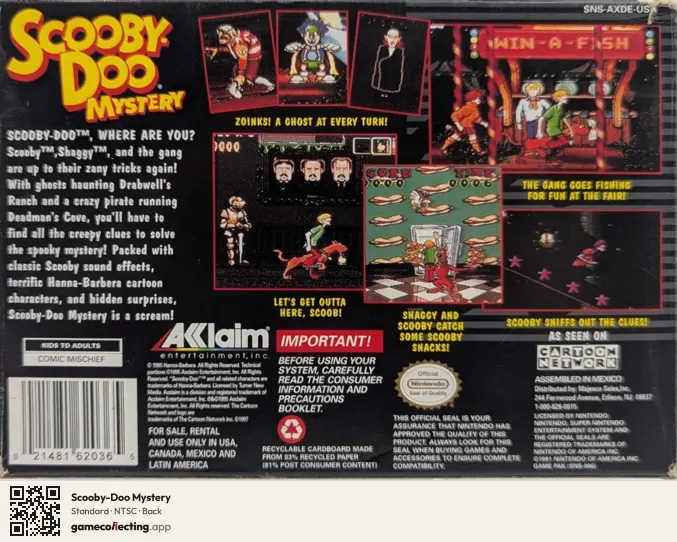 Scooby-Doo Mystery Super Nintendo Entertainment System, NTSC box back