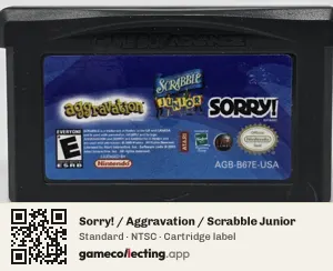 Sorry! / Aggravation / Scrabble Junior Game Boy Advance, NTSC cartridge label