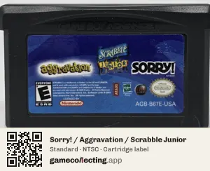 Sorry! / Aggravation / Scrabble Junior Game Boy Advance, NTSC cartridge label
