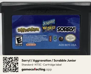 Sorry! / Aggravation / Scrabble Junior Game Boy Advance, NTSC cartridge label