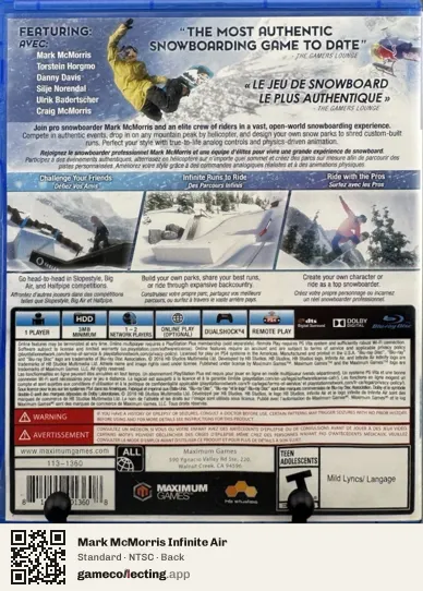 Mark McMorris Infinite Air PlayStation 4, NTSC box back