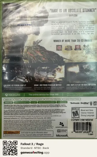 Fallout 3 / Rage Xbox 360, NTSC box back