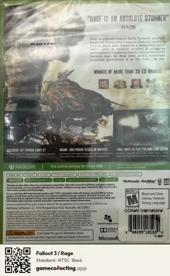 Fallout 3 / Rage Xbox 360, NTSC box back