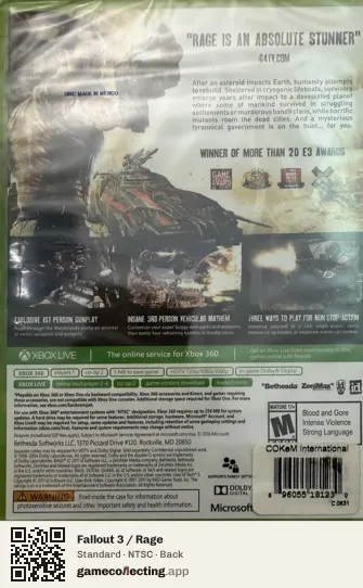 Fallout 3 / Rage Xbox 360, NTSC box back
