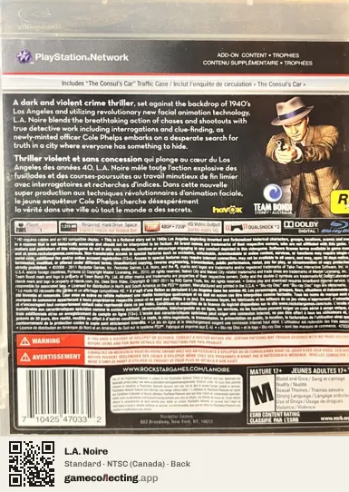 L.A. Noire PlayStation 3, Canada box back
