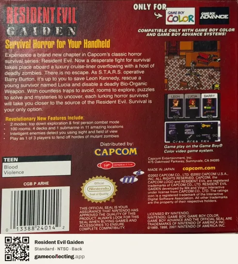 Resident Evil Gaiden Game Boy Color, NTSC box back