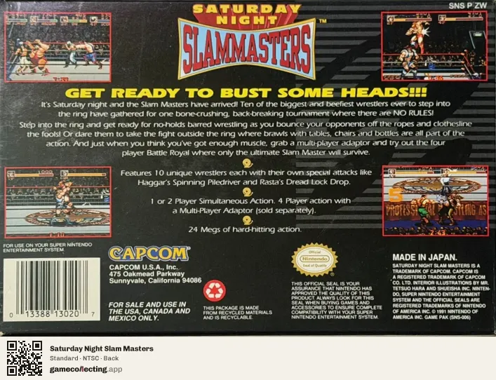 Saturday Night Slam Masters Super Nintendo Entertainment System, NTSC box back