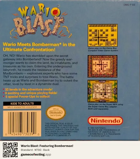 Wario Blast: Featuring Bomberman! Game Boy, NTSC box back