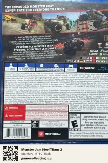 Monster Jam Steel Titans 2 PlayStation 4, NTSC box back