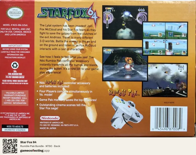 Star Fox 64 Nintendo 64, NTSC box back