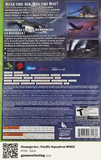 Damage Inc.: Pacific Squadron WWII Xbox 360, NTSC box back